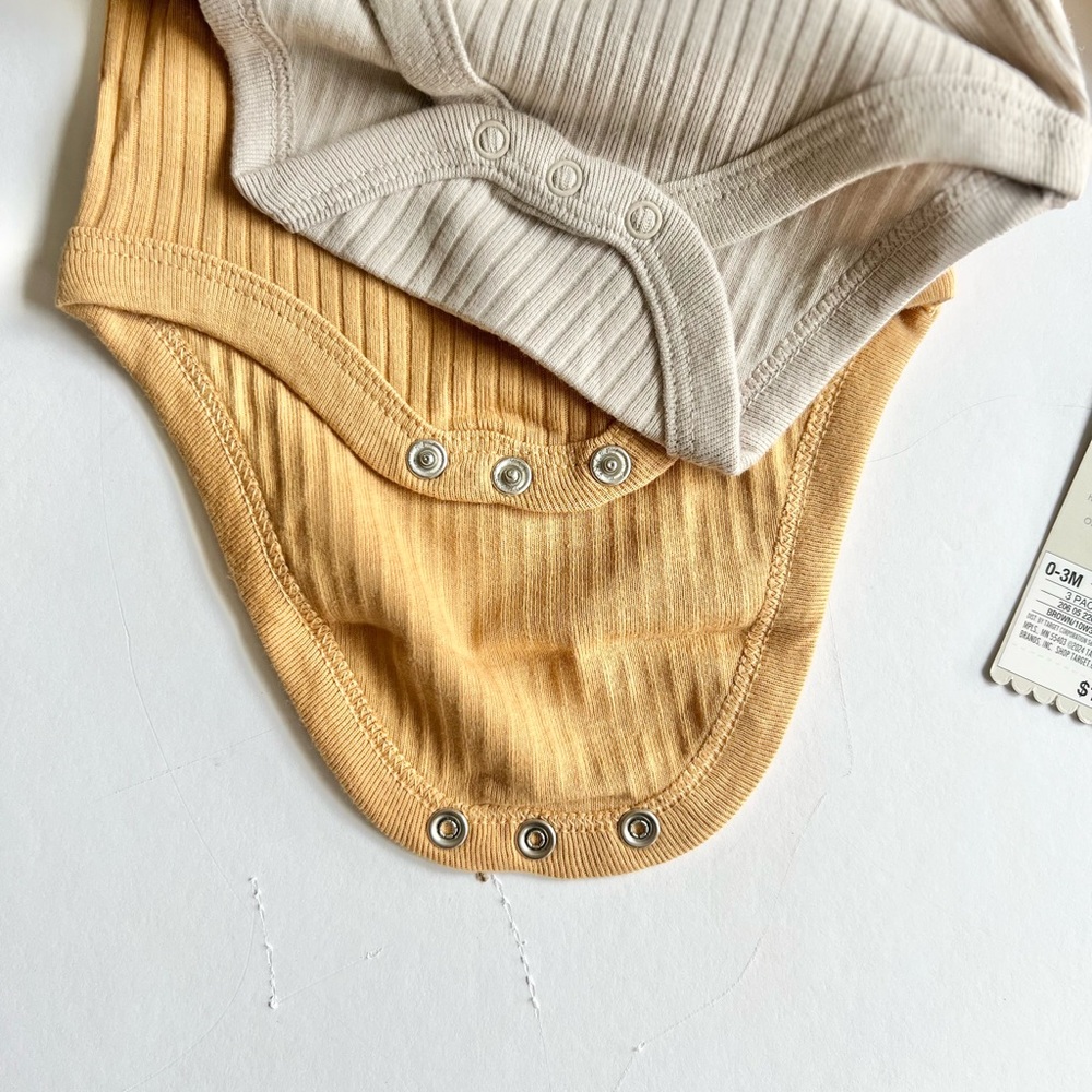 2 Cloud Island 3pc Ribbed Cream and Tan Baby Bodysuit Set Long Sleeve Bird Print - Picture 6 of 13